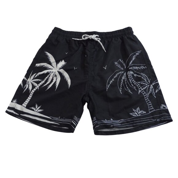 Shein Black Tropical Swim Trunks Palm Tree Print Men Size M Mesh Liner Pockets - Picture 1 of 14